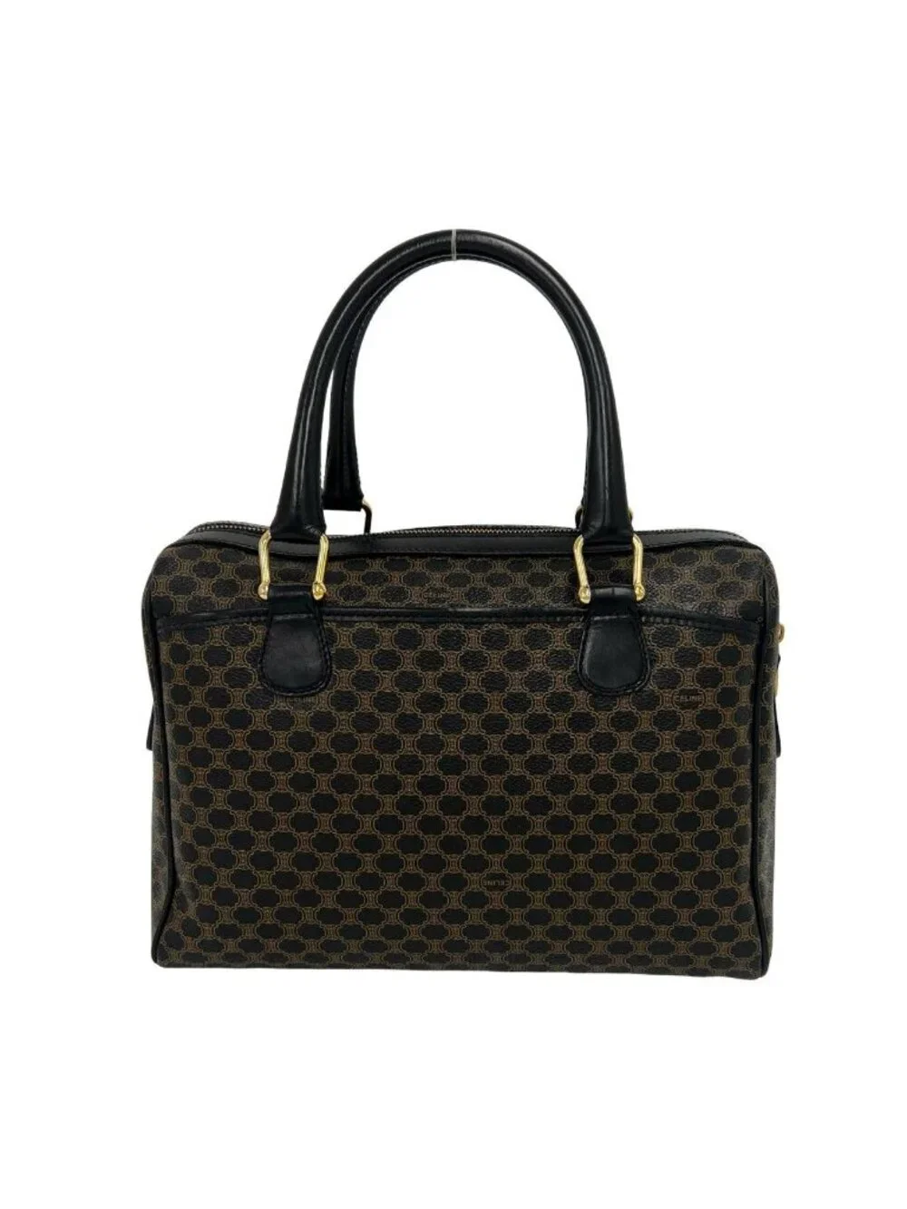 Celine Vintage Macadam Blason Pattern Logo Leather Mini Boston Bag Black